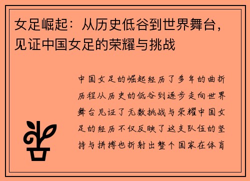 女足崛起：从历史低谷到世界舞台，见证中国女足的荣耀与挑战